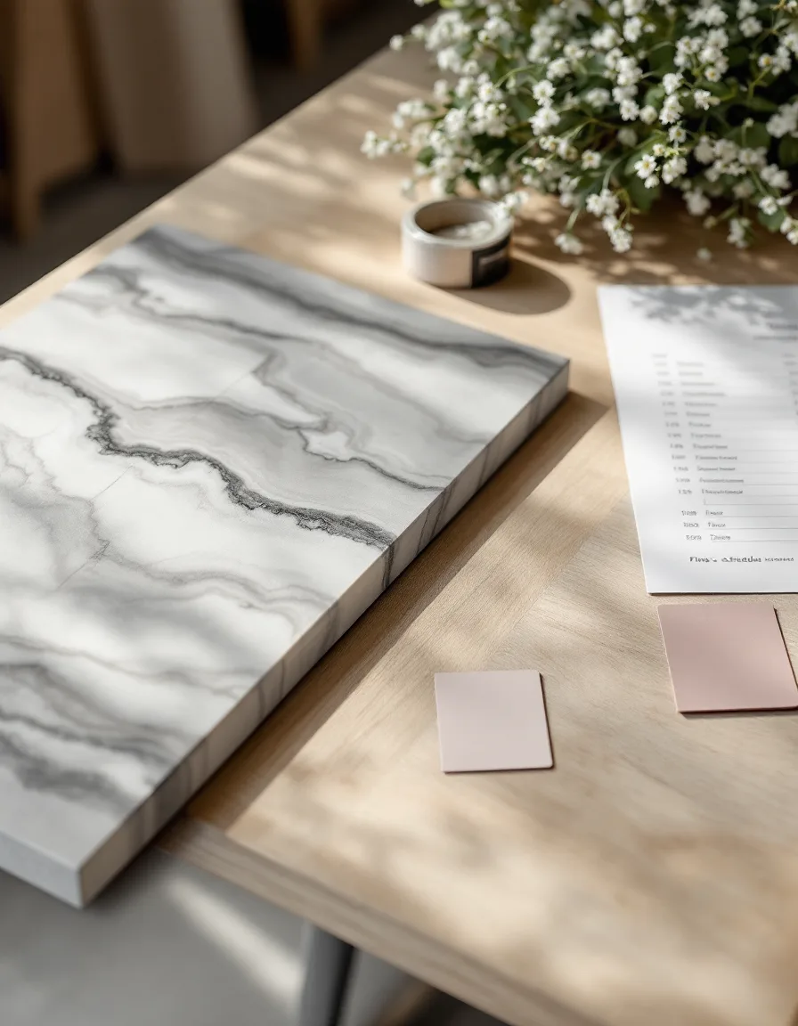 A desk with a gneiss sample, an oak board, a tape measure and a printed finish schedule