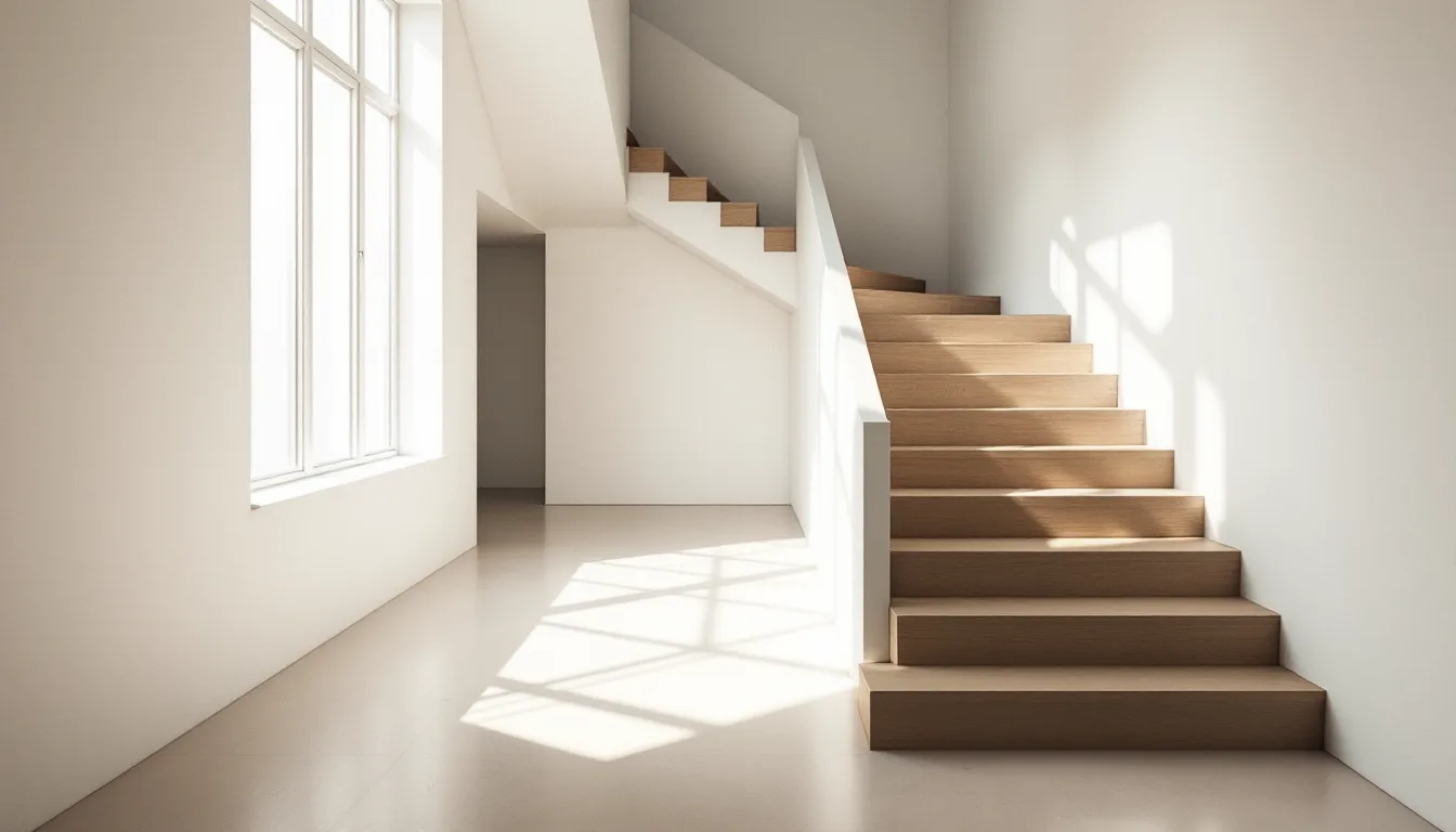 A sunlit staircase hall with oak treads and long window shadows