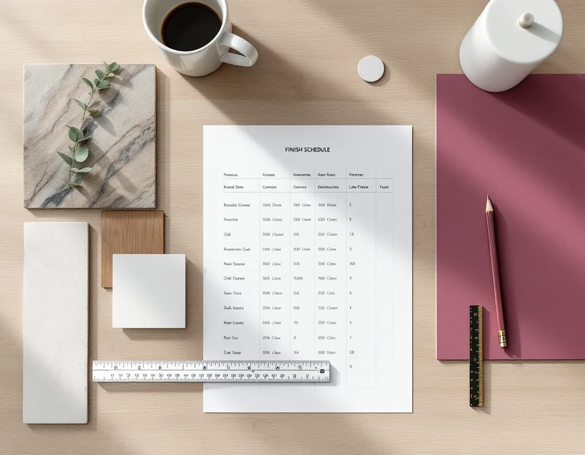 A finish schedule on a desk with gneiss, oak and plaster samples